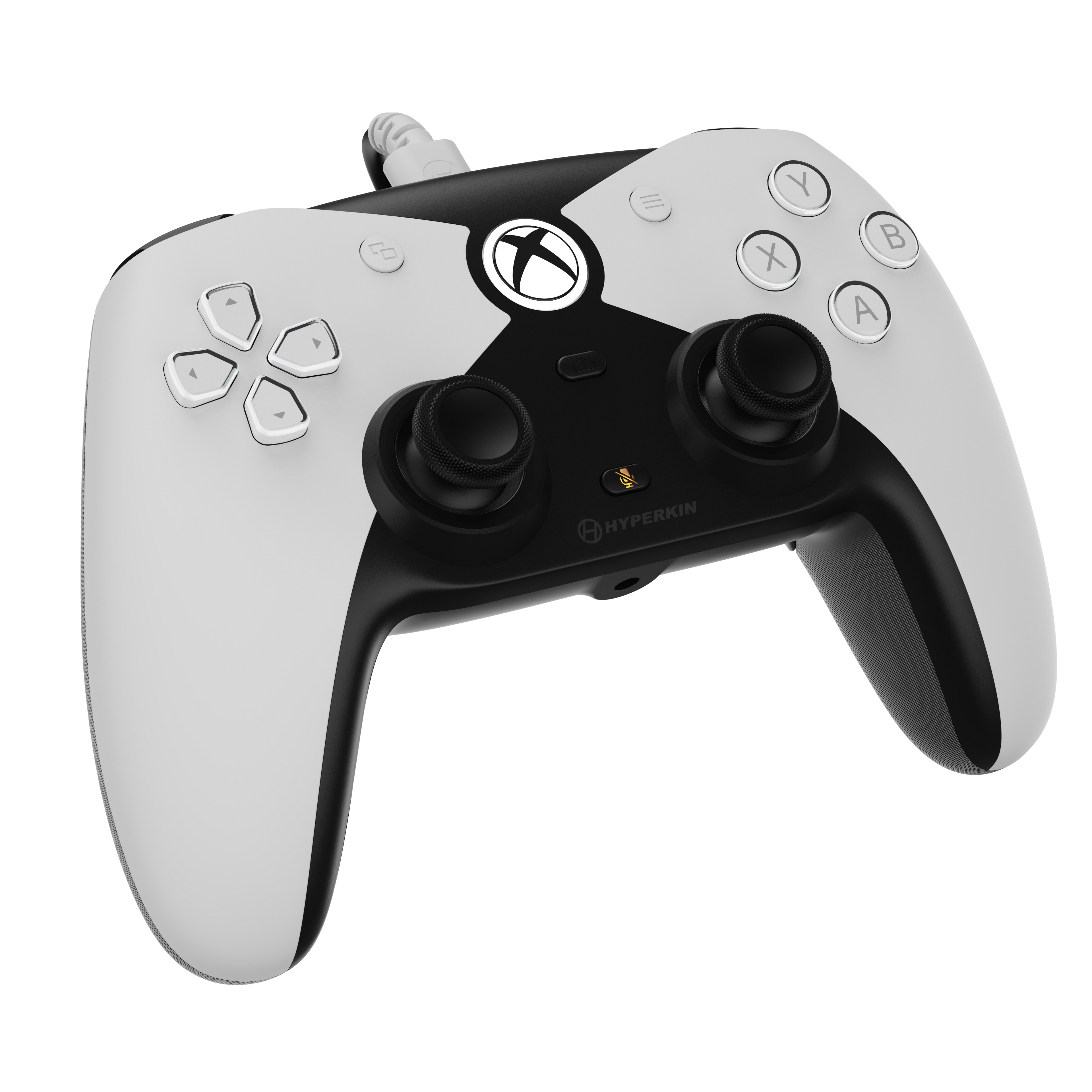Gaming controller with black and white design on a white background
