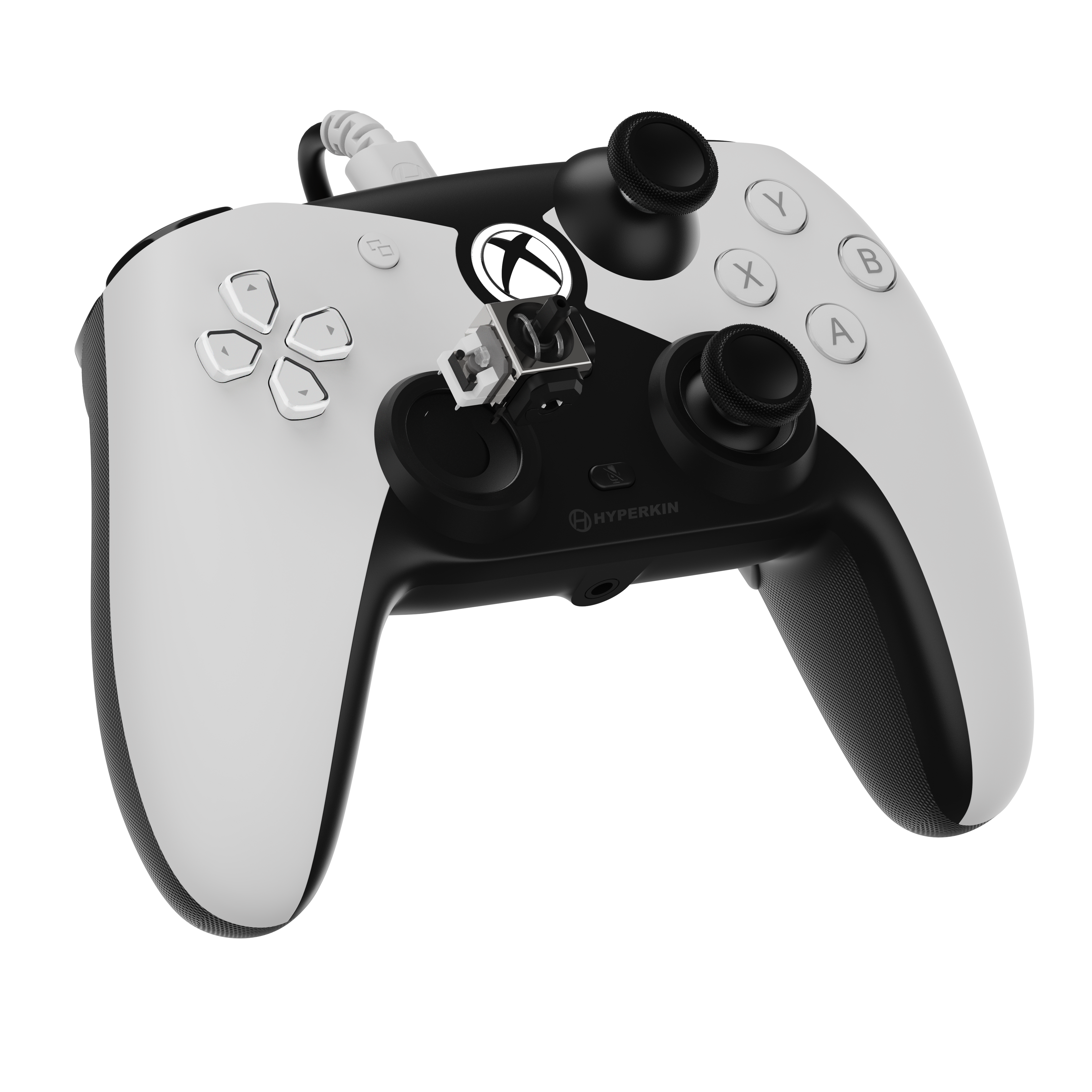 Gaming controller with black and white design on a white background