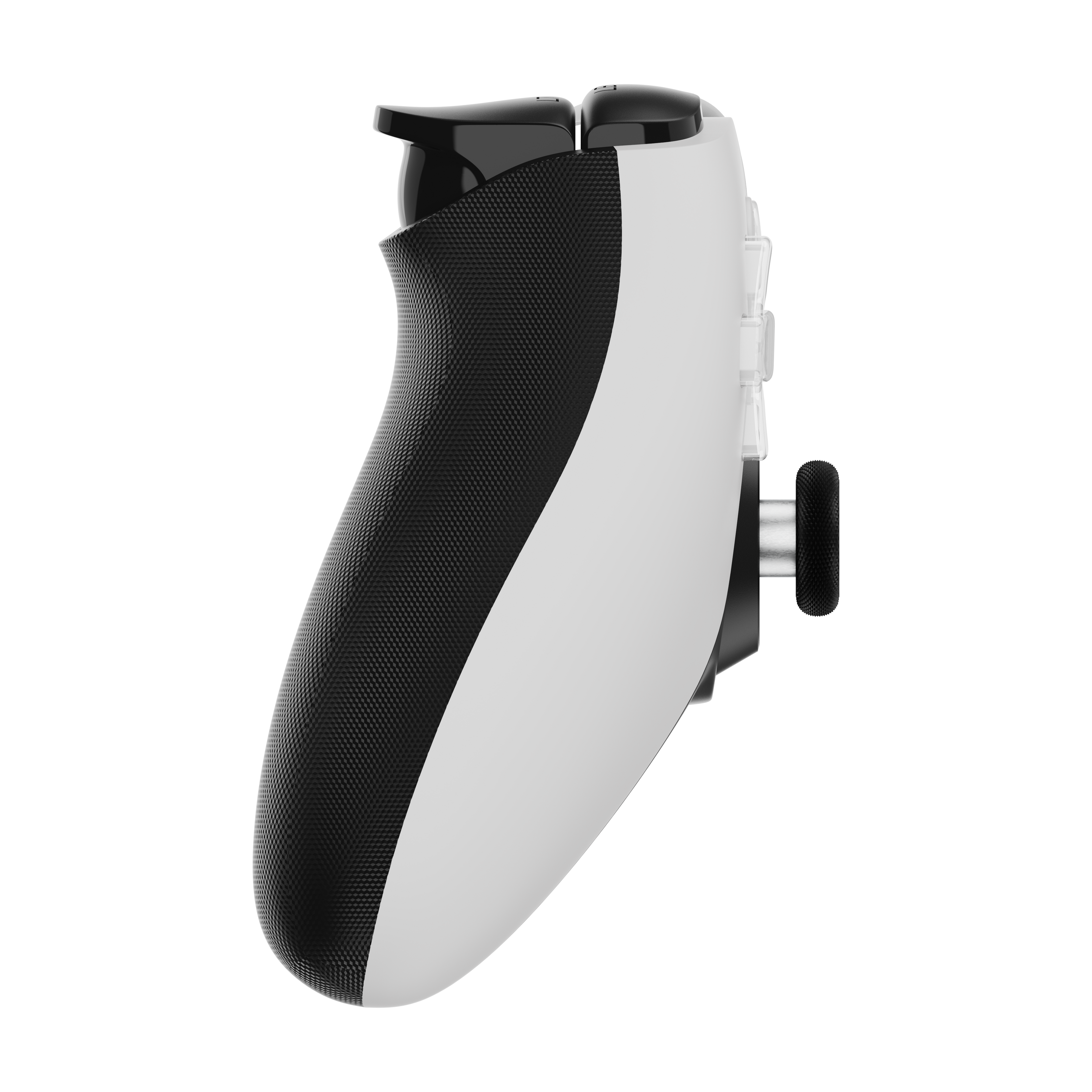 Black and white gaming controller on a white background
