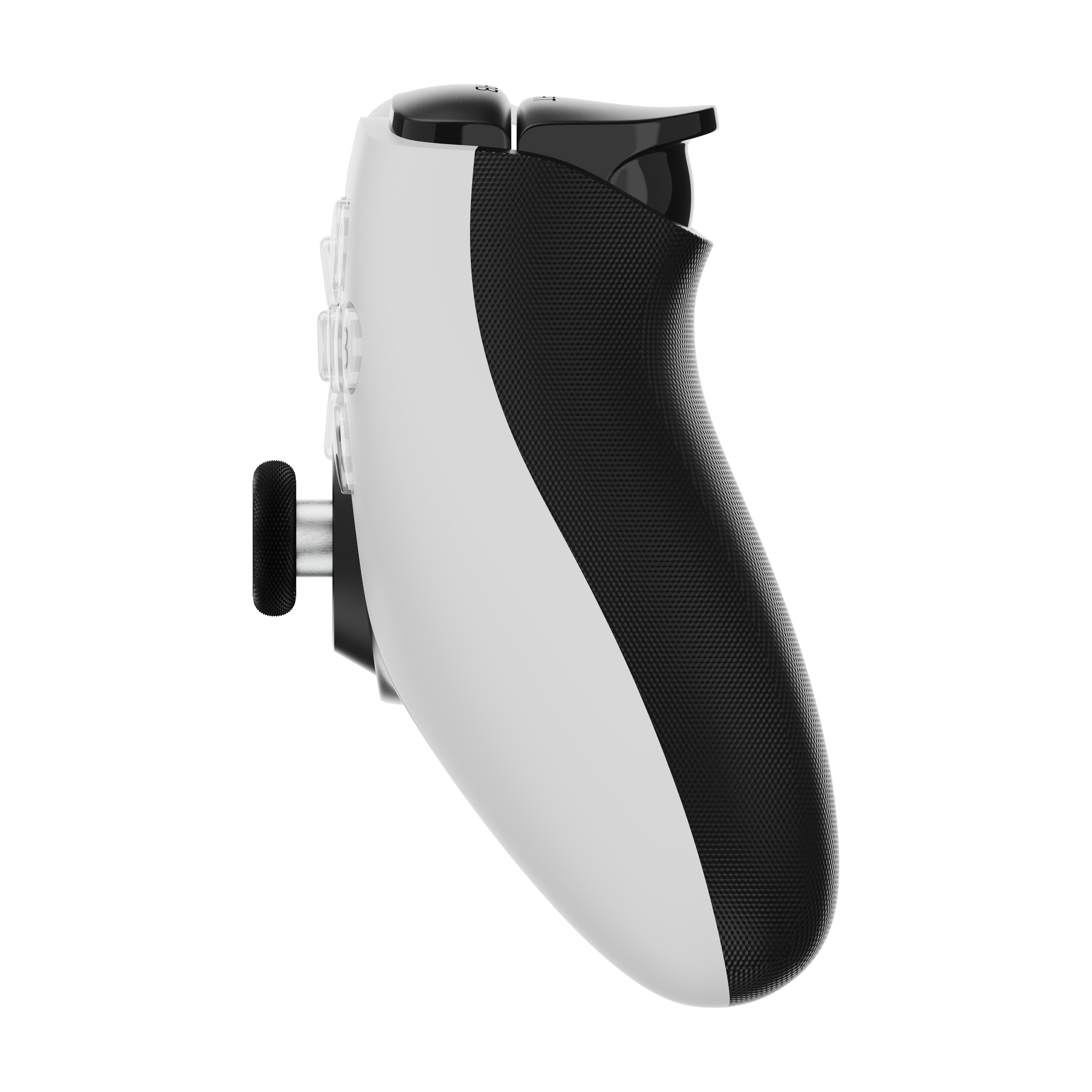 Black and white gaming controller on a white background