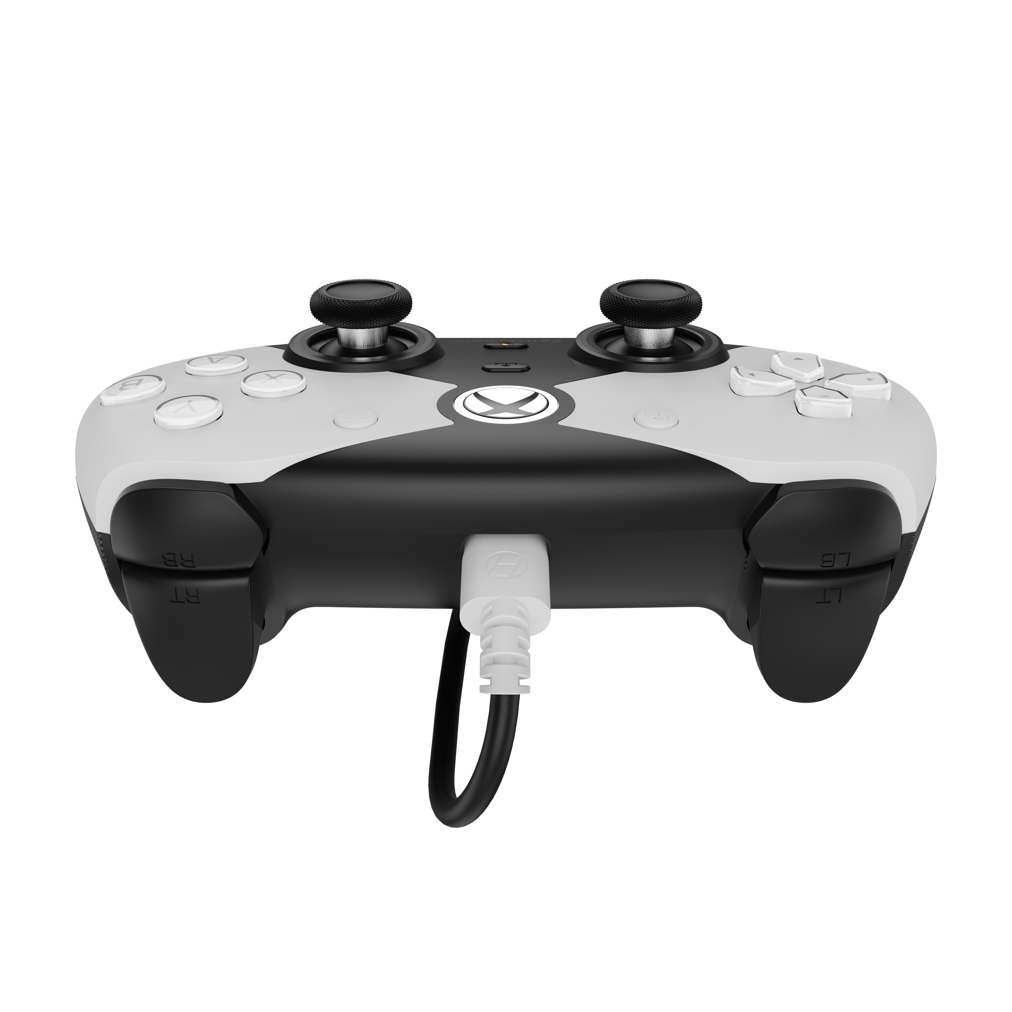 Black and white gaming controller with USB cable on a white background