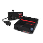 A RetroN 1 HD gaming console with a black and red color scheme, including a controller and HDMI cable.