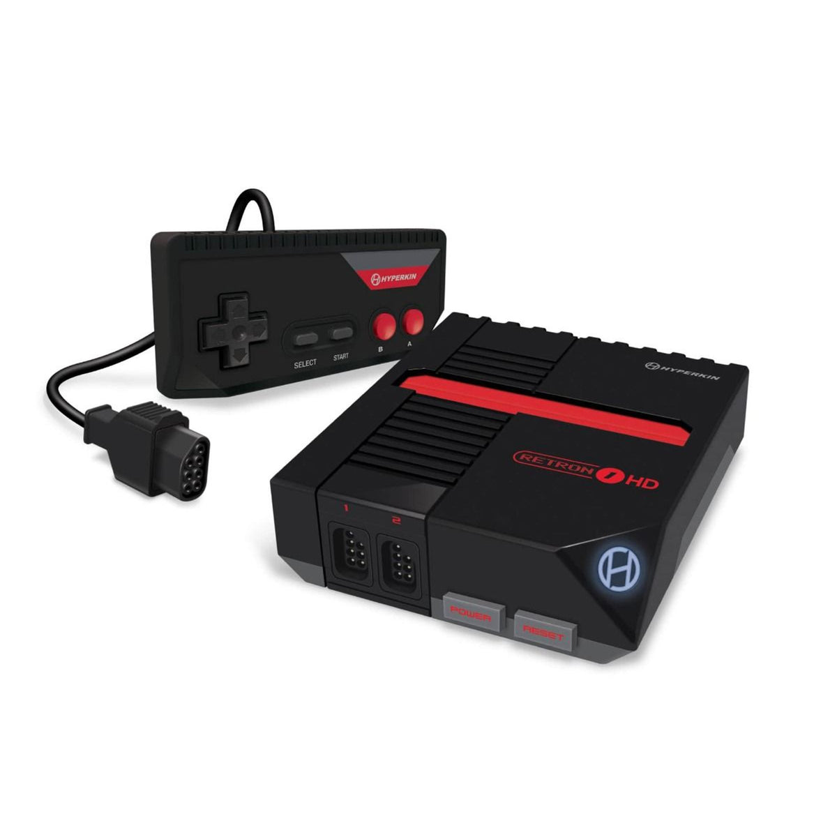 A RetroN 1 HD gaming console with a black and red color scheme, including a controller and HDMI cable.