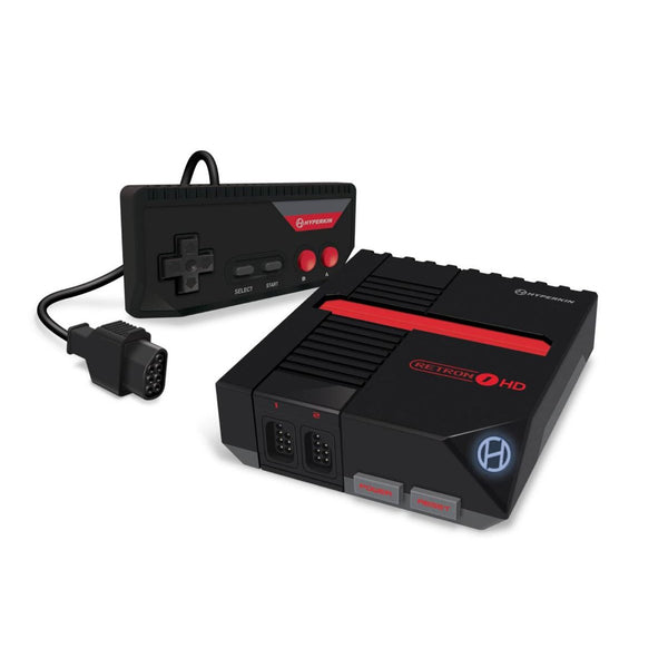 A RetroN 1 HD gaming console with a black and red color scheme, including a controller and HDMI cable.