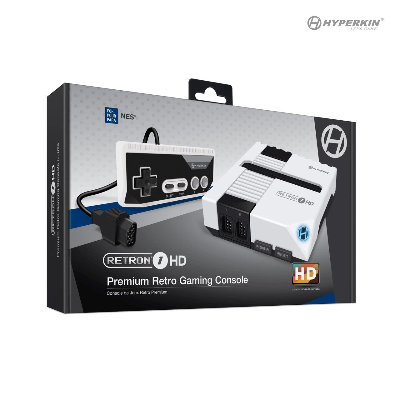 Packaging of Hyperkin Retron 1 HD Premium Retro Gaming Console, displaying console and controller image; highlights NES game compatibility, HD output, and Hyperkin branding.