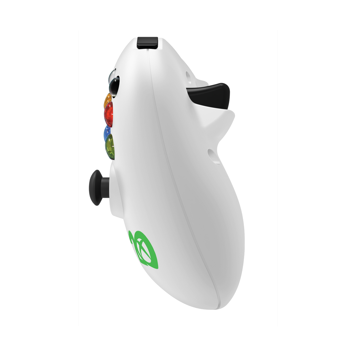 Angled side view of the white Hyperkin Xbox 20th Anniversary Duke Controller showing the colored face buttons and green Xbox button