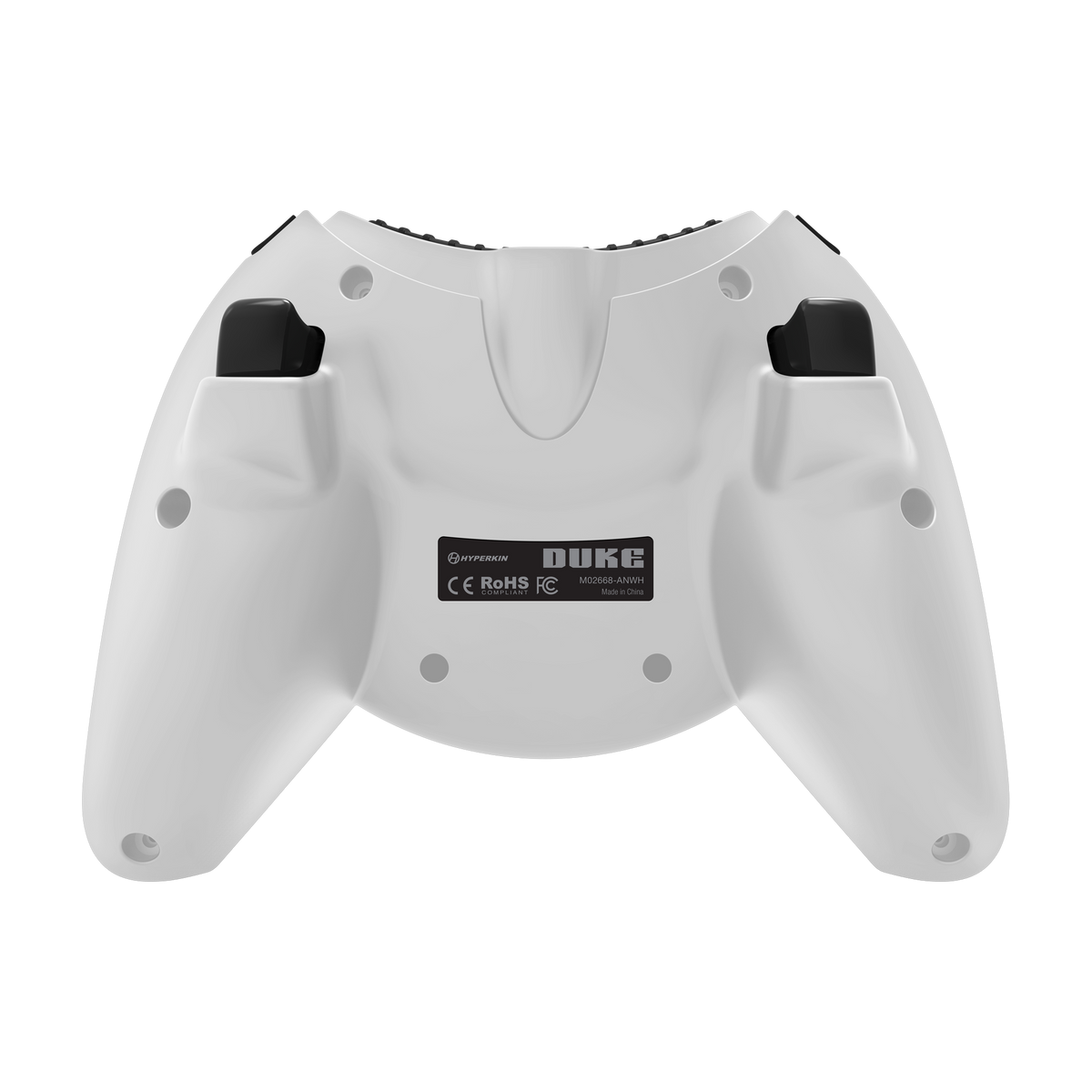 Back view of the white Hyperkin Xbox 20th Anniversary Duke Controller showing the textured grip and Duke logo