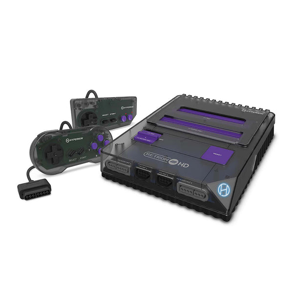 A Space Black RetroN 2 HD gaming console with two controllers and a HDMI cable, designed to resemble the classic Super Nintendo Entertainment System.