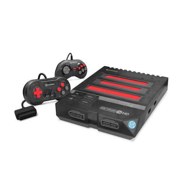 A RetroN 3 HD gaming console with a black and red color scheme, accompanied by two classic-style controllers and cables.