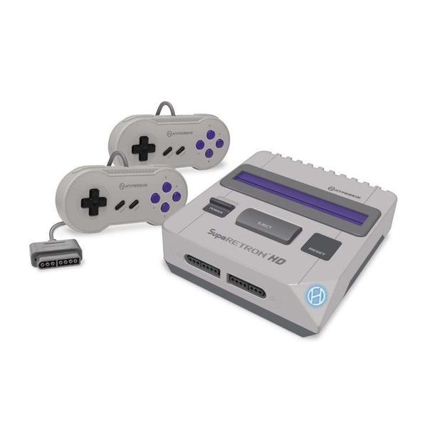 A gray Supa RetroN HD video game console with two classic-style controllers and a power adapter.