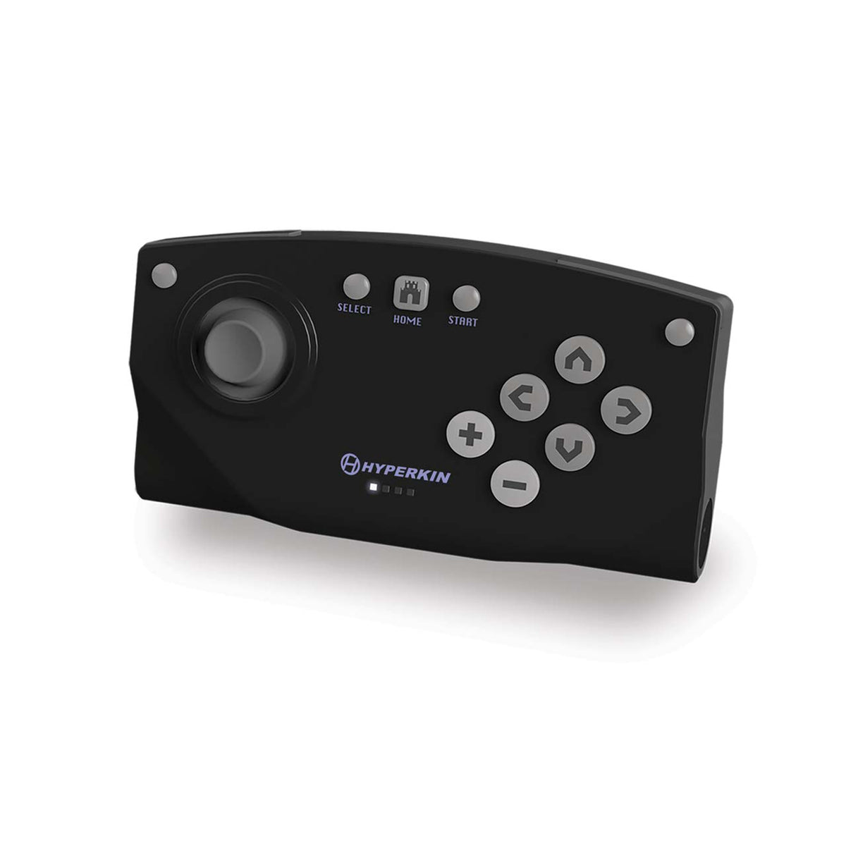 Hyperkin black game controller featuring joystick, SELECT, HOME, and START buttons, plus six directional and action buttons, ideal for retro gaming setups. Keywords: Hyperkin, game controller, joystick, SELECT button, HOME button, START button