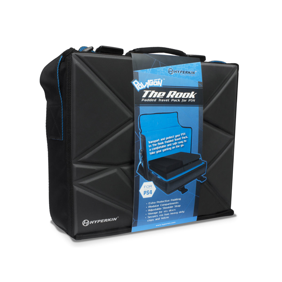 Hyperkin The Rook portable carrying case for PS4 shown closed in black with blue trim