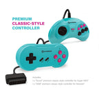 Two turquoise game controllers with pink buttons on a white background, featuring Hyperkin branding.