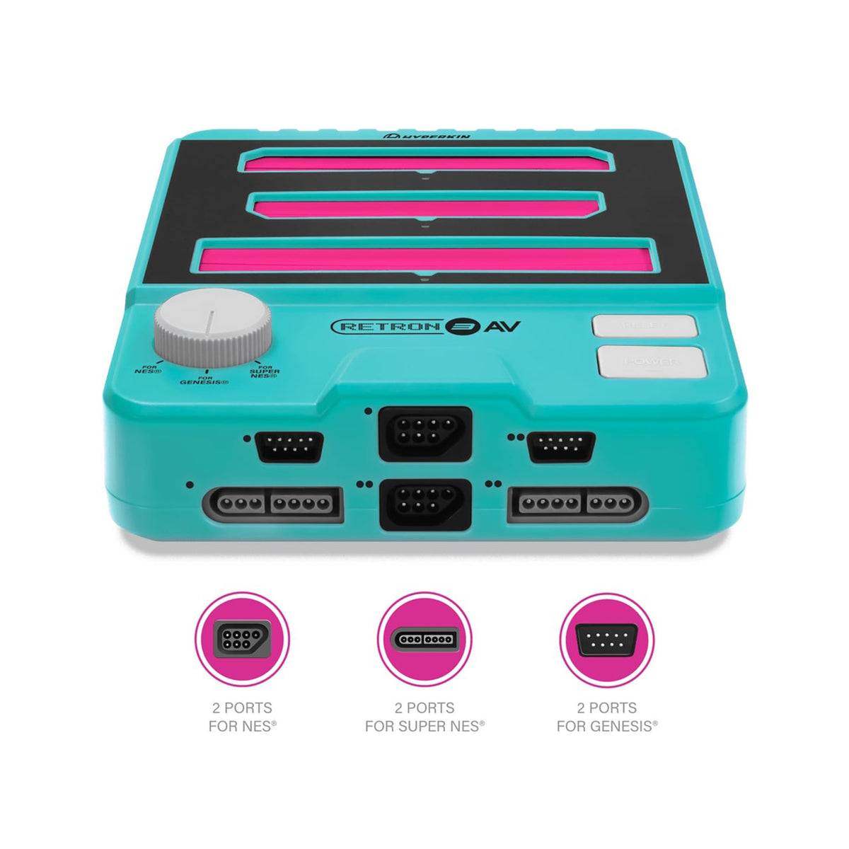Turquoise gaming console with ports for NES, Super NES, and Genesis on a white background