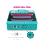 A turquoise and black Minisgah NTSC-U / NTSC-J region selector device on a white background, with pink text reading 'REGION SELECTOR' and a circular inset showing the connector detail.