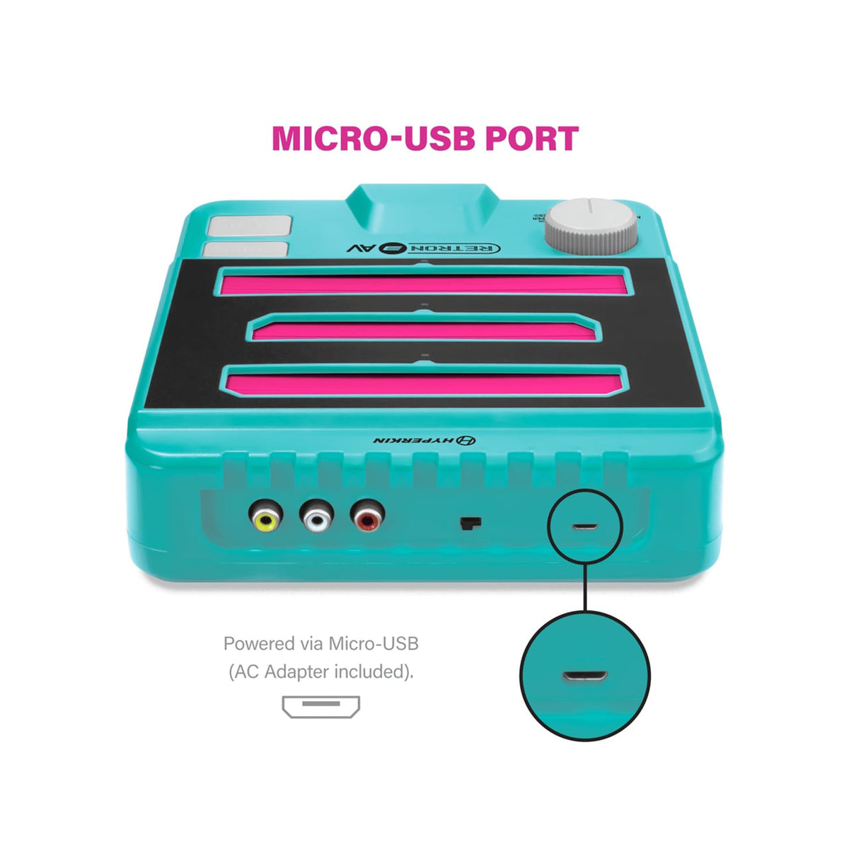 Turquoise electronic device with pink display and labeled micro-USB port on a white background