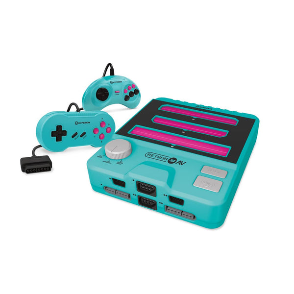 Turquoise handheld gaming console with two controllers on a white background