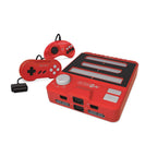 Red gaming console with controllers on a white background, featuring Hyperkin branding.