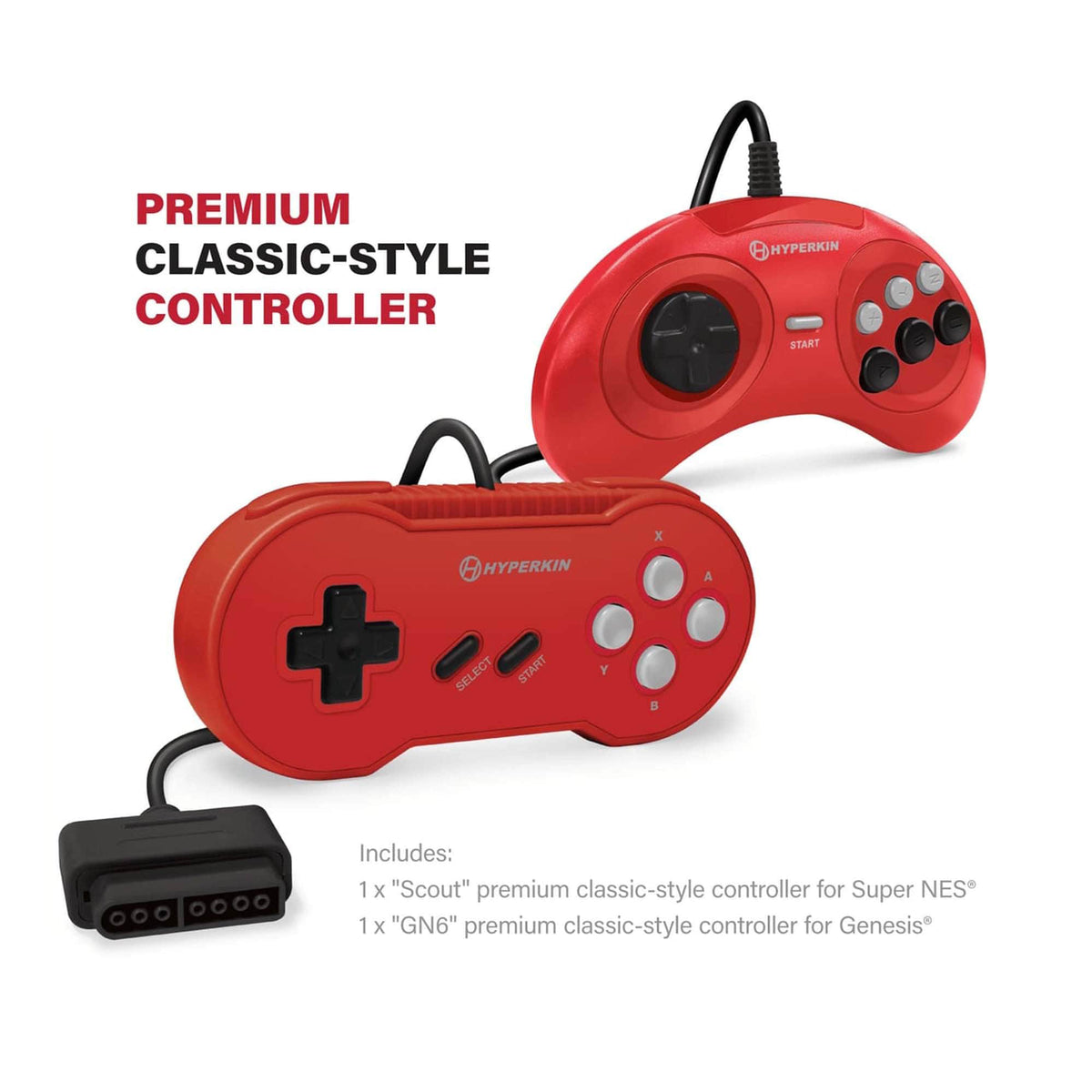 Hyperkin RetroN 3 AV marketing image showing the included premium classic-style Scout and GN6 controllers
