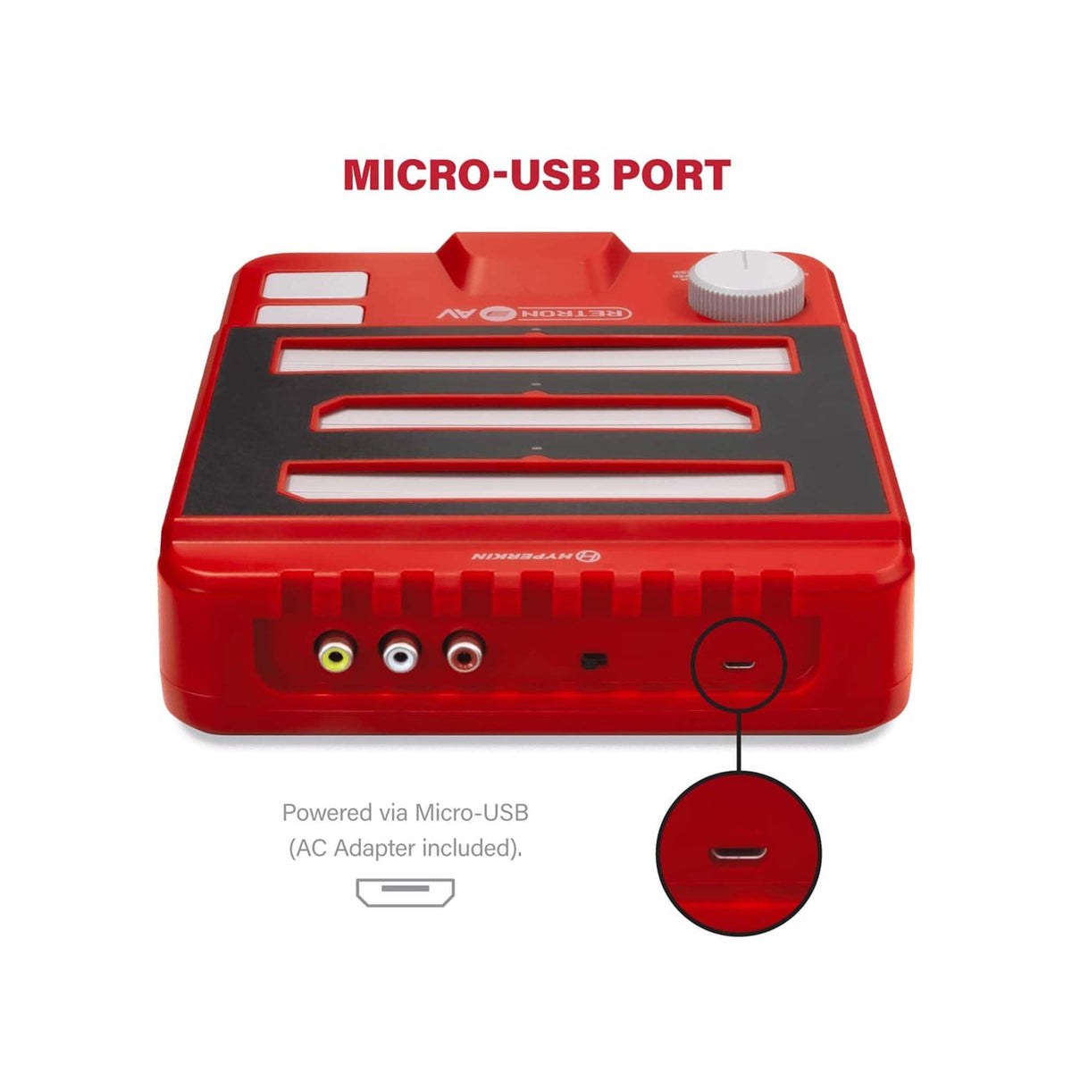 Hyperkin RetroN 3 AV console with callout highlighting the Micro-USB power port