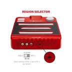 Hyperkin RetroN 3 AV console with callout highlighting the NTSC-U/NTSC-J region selector switch