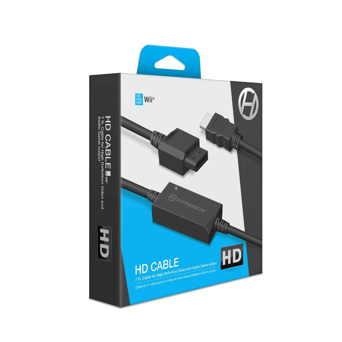 Hyperion HD HDMI cable adapter retail packaging box, featuring a black and blue design with an illustration of the black cable and connectors.