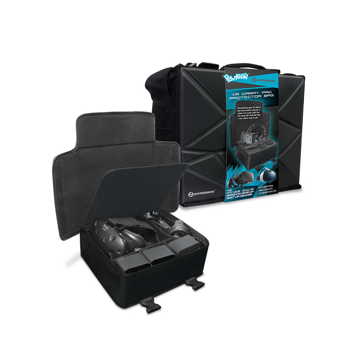 A black Hyperkin VR Carry Pak Protector Bag with a shoulder strap and modular compartments, displayed next to its packaging box.