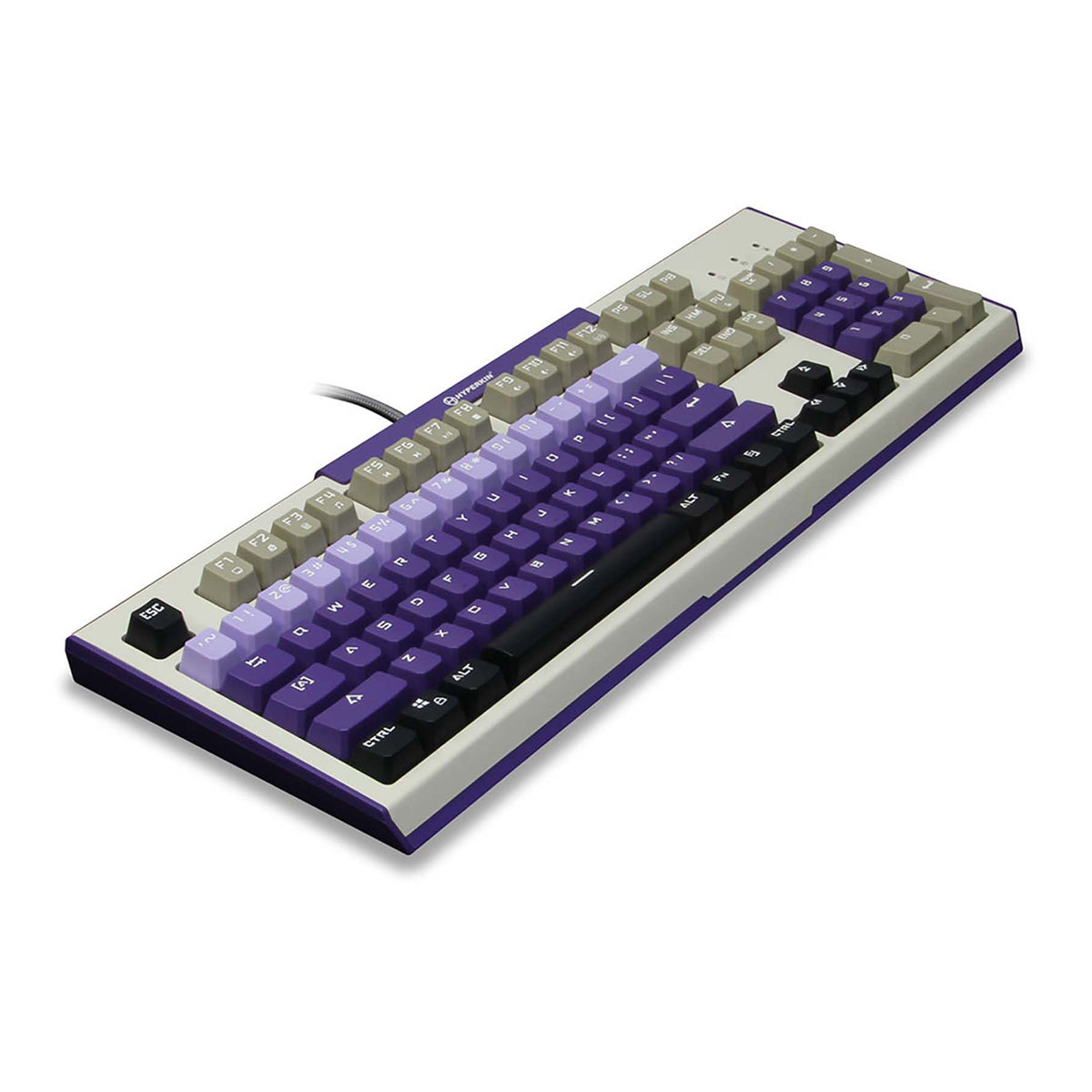 A Hyperkin Hyper Clack Tactile Mechanical Keyboard with a purple and white color scheme.