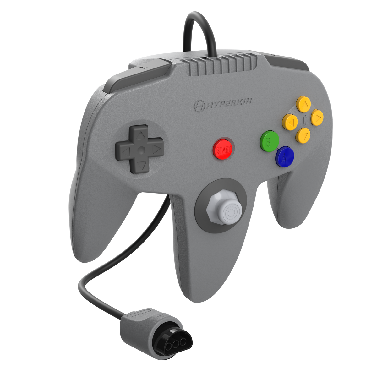 A retro-style gray video game controller with a wired connector, featuring a D-pad, analog stick, colored action buttons, and the Hyperkin logo, shown on a plain white background.