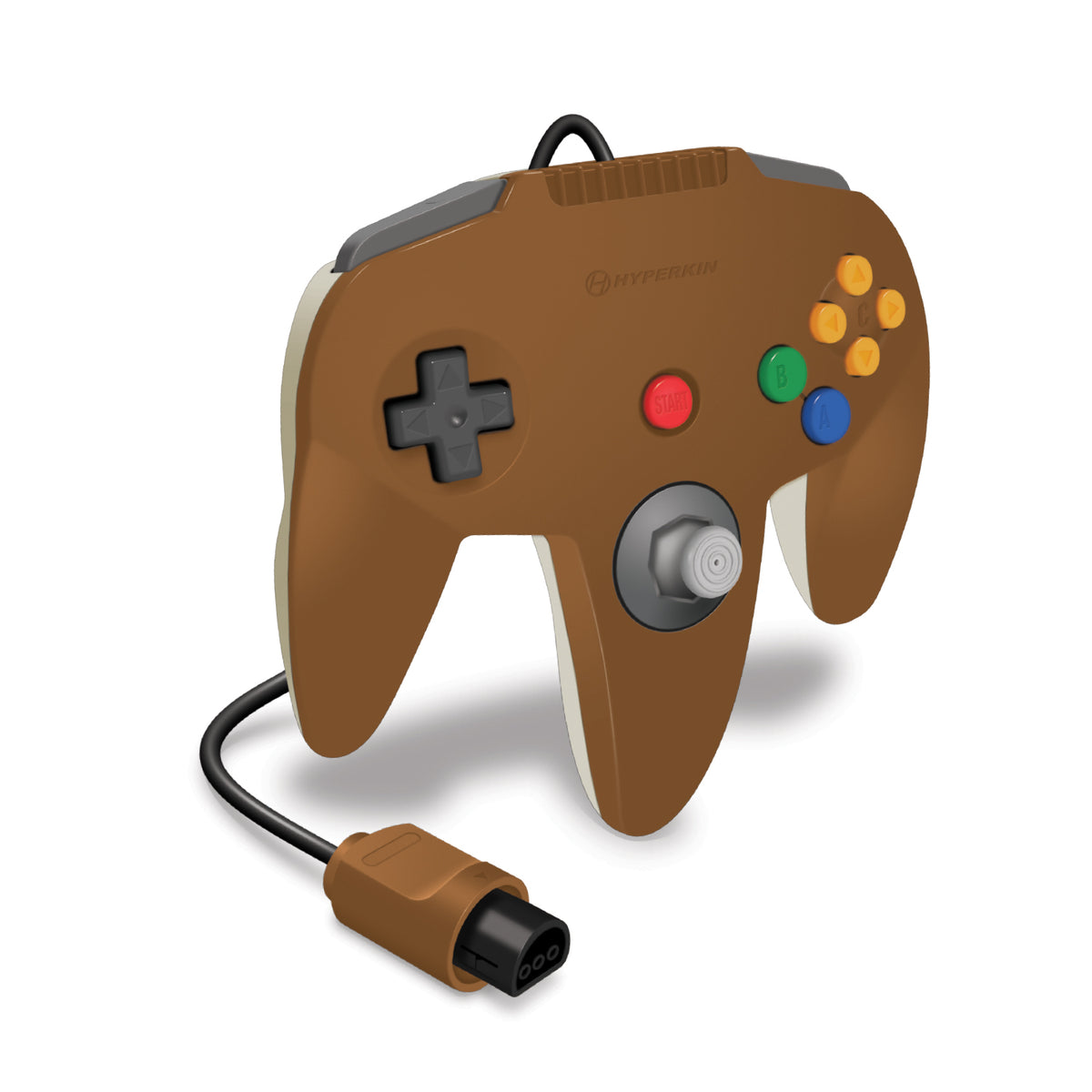 A retro-style game controller with a brown body, cream-colored side panels, and classic button layouts, shown on a white background with its attached cable.