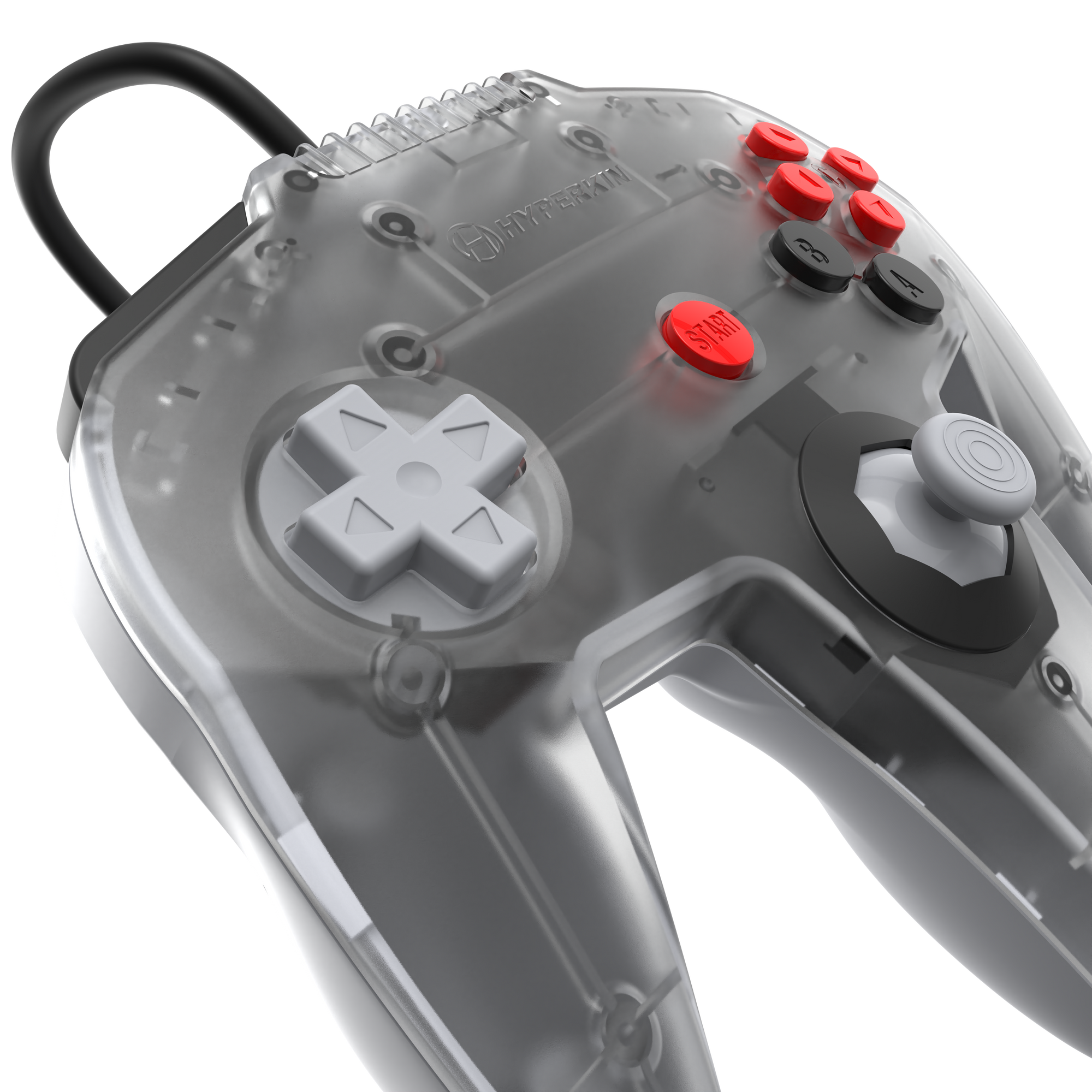 Close-up of a gaming controller with clear back panel