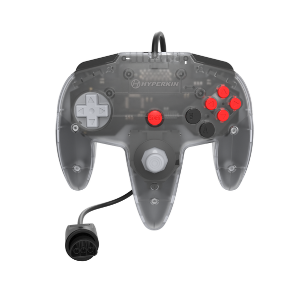 A Hyperkin translucent gray game controller with red buttons and a black cable, shown against a solid white background.