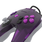 Purple gaming controller with black and white buttons on a white background