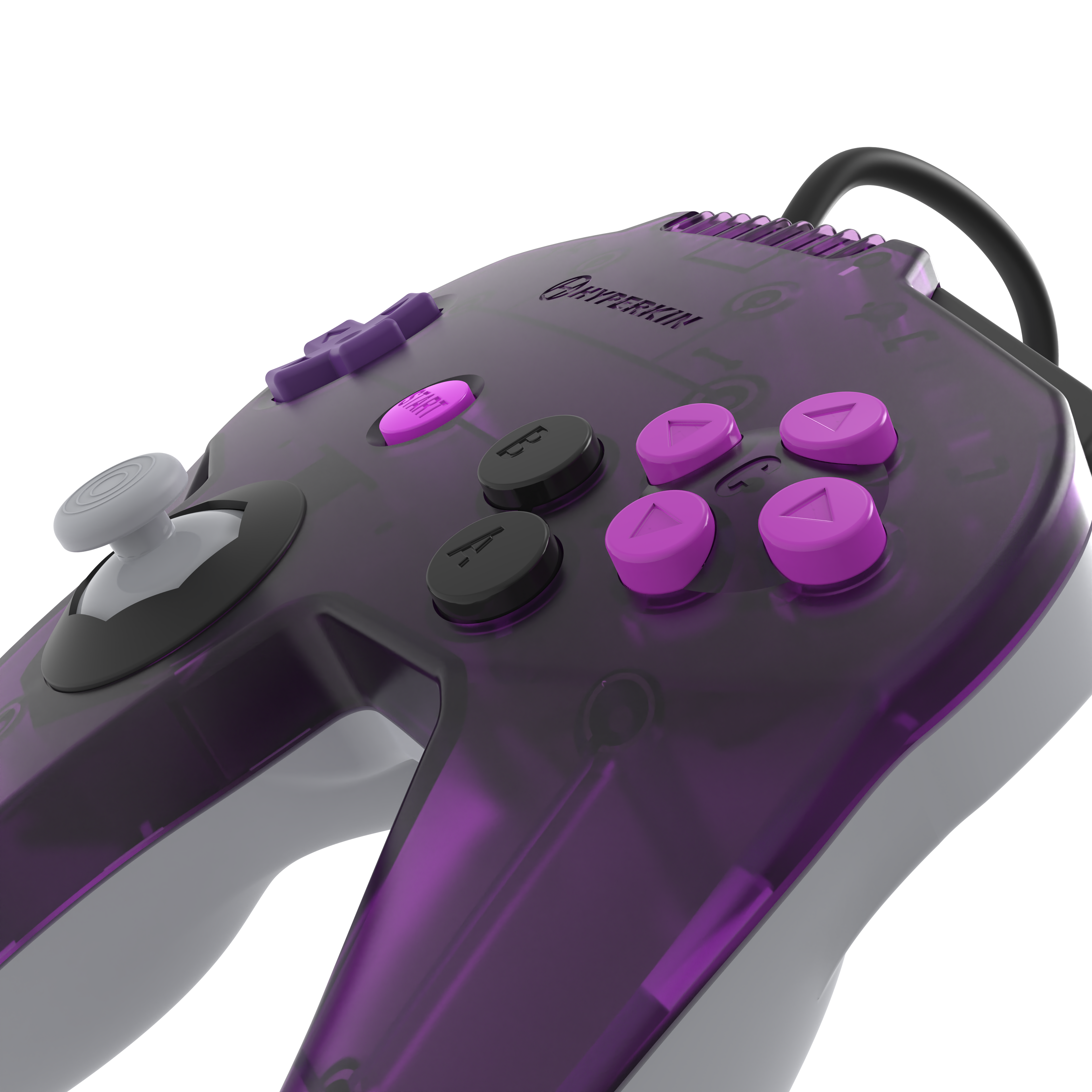 Purple gaming controller with black and white buttons on a white background