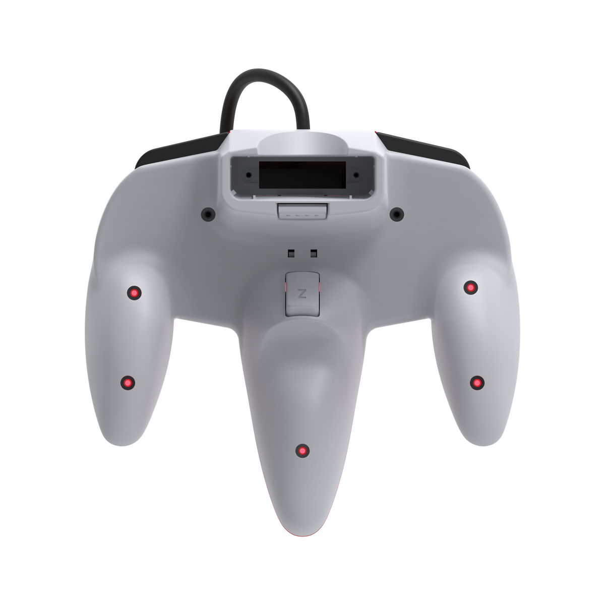 Gray gaming controller with red buttons on a white background