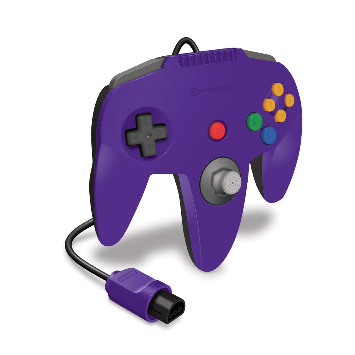A retro-style purple video game controller with a wired connection, featuring a D-pad, analog stick, colored action buttons, and a matching purple connector, shown on a white background.