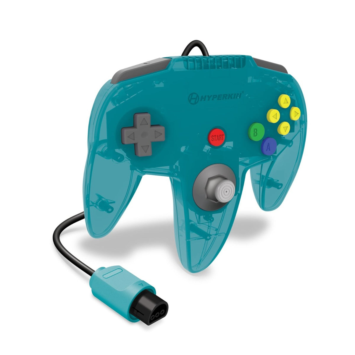 A translucent teal Hyperkin N64-style game controller with a black cable and multi-colored face buttons, shown on a white background.