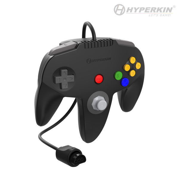 A black Hyperkin retro-style wired game controller with a D-pad, ABXY buttons in yellow, green, and blue, a white analog stick, and a red button, shown on a white background with the Hyperkin logo.