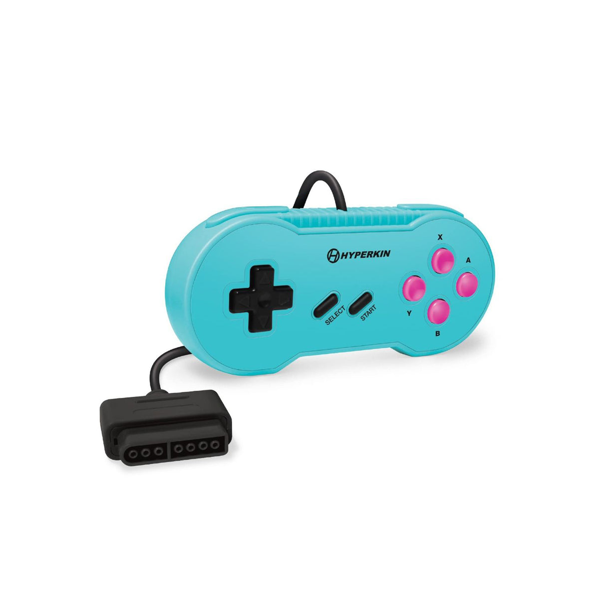 Hyperkin Scout Controller in teal with pink accent buttons, SNES-style wired controller