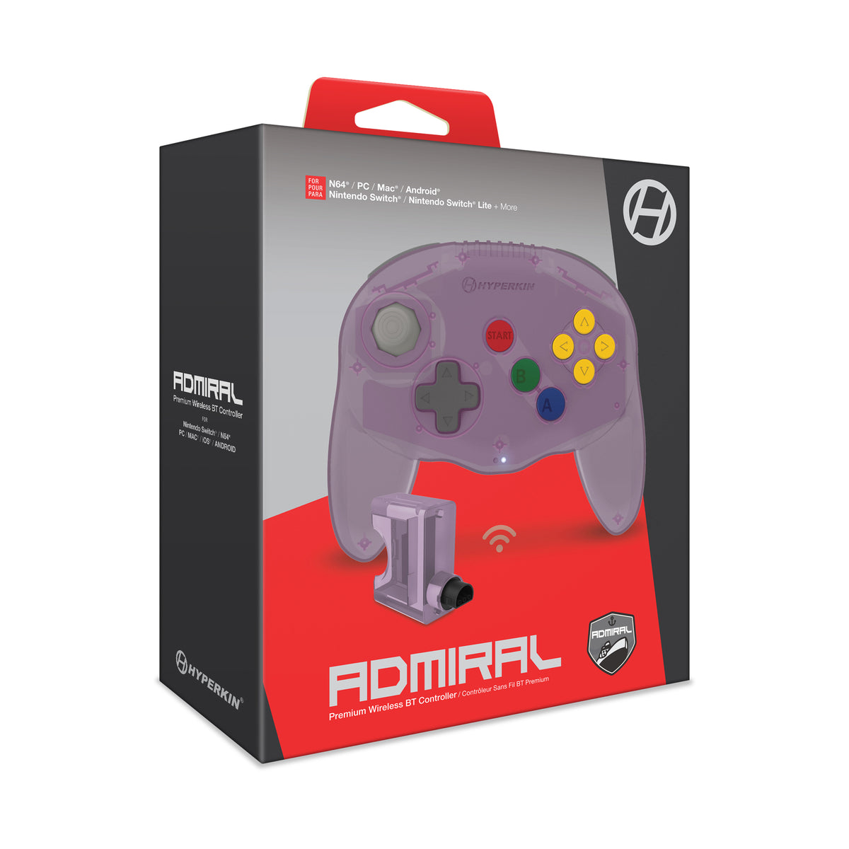 Hyperkin Admiral Premium Wireless 2.0 Controller retail packaging, featuring a purple controller graphic on a red and black box with a red hanging tab.
