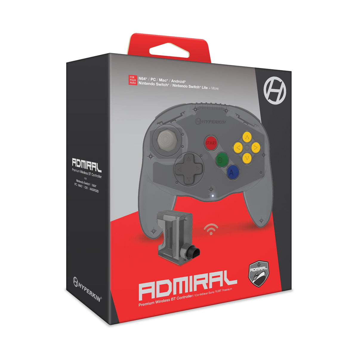 Hyperion Admiral game controller retail box, featuring a gray controller graphic with red, green, blue, and yellow buttons on a red and black package with a red top handle.