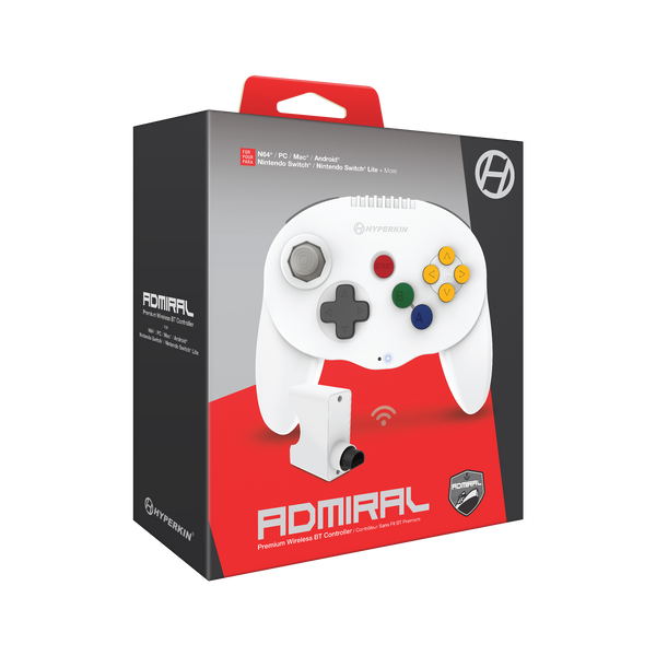 White game controller on Admiral packaging with red and gray accents