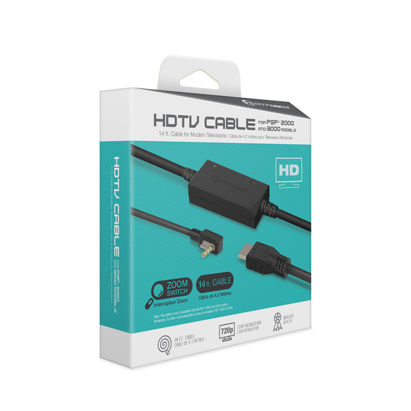 HDMI cable for PSP 3000 with a 14-foot zoom switch, shown in its retail packaging box. The box features a white and teal design with product details and icons.
