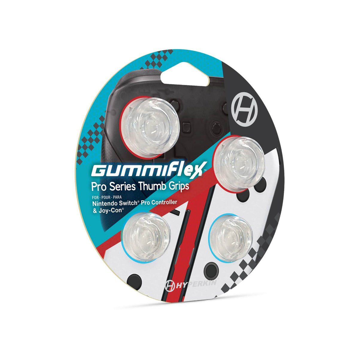 A retail blister pack of Gummiflex Pro Series Thumb Grips for a Nintendo Switch Pro Controller and Joy-Con, featuring four clear silicone grips on a black, white, and blue card.