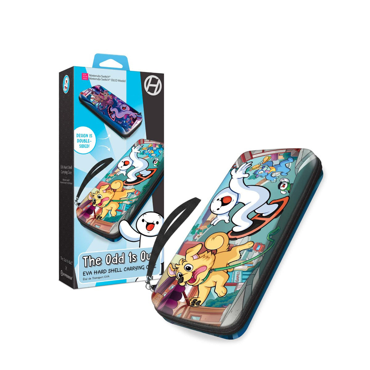 A hard shell charging case featuring a colorful cartoon illustration of Ghostbusters characters, shown next to its retail packaging box on a plain white background.