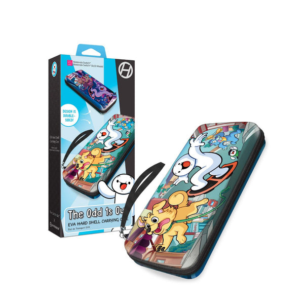 A hard shell charging case featuring a colorful cartoon illustration of Ghostbusters characters, shown next to its retail packaging box on a plain white background.