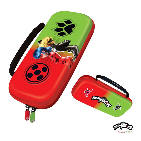 A Miraculous Ladybug hard-shell zippered car case shown in two views: a larger upright view featuring Ladybug and Cat Noir artwork on a red and green gradient background, and a smaller horizontal view showing the handle and the Miraculous logo. The case has a black carrying strap and zipper pulls.