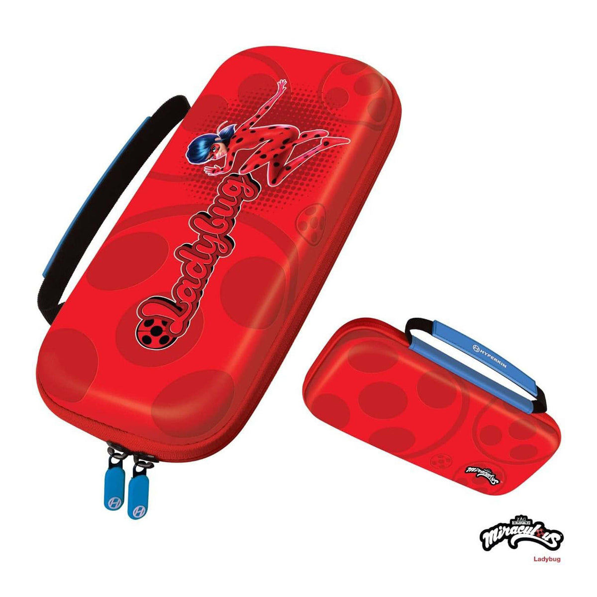 A red Ladybug-themed hard-shell pencil case shown from two angles on a white background, featuring a black carrying strap, blue zipper pulls, and the Ladybug logo printed on the front.