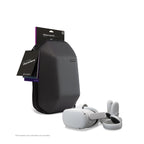 A black protective hard case with a zip closure, shown with its retail packaging card and a hanging tag. In front of the case are white VR headset and controllers, photographed on a clean white background.