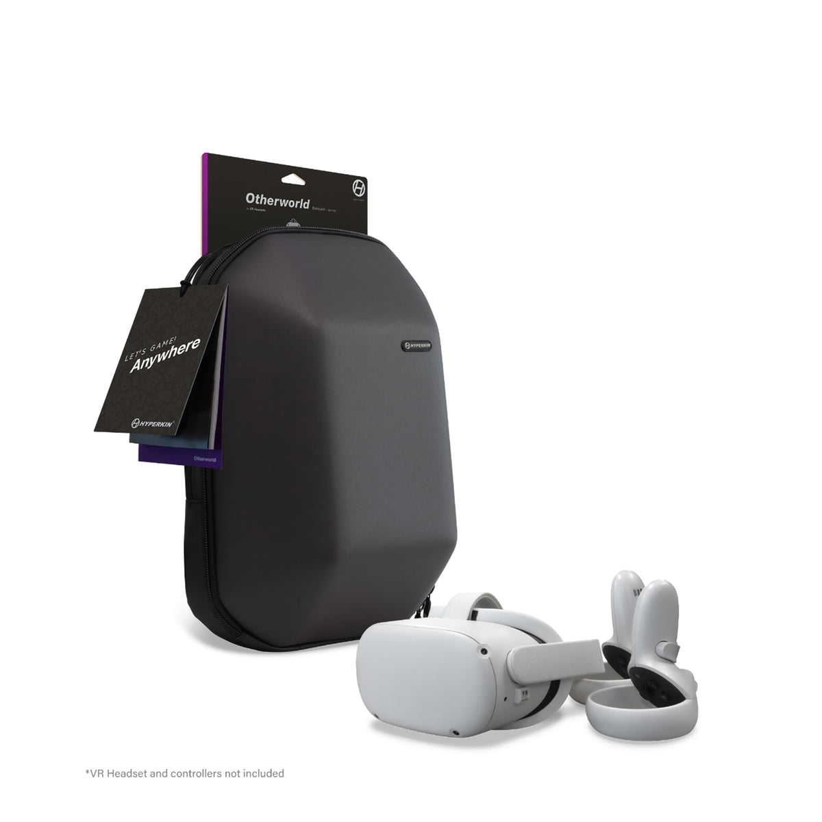 A black protective hard case with a zip closure, shown with its retail packaging card and a hanging tag. In front of the case are white VR headset and controllers, photographed on a clean white background.
